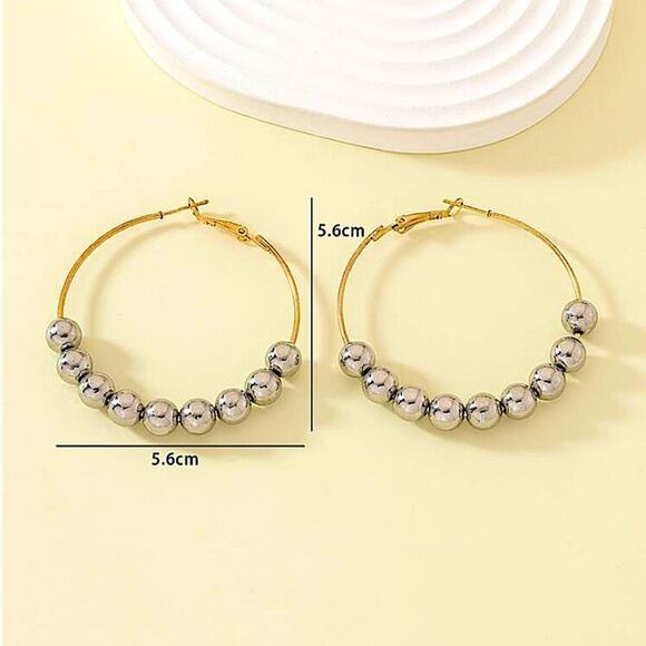 Gold Hoop Silver Ball Earrings, Oversized, Exaggerated, Drop, Dangle, Beaded - Picture 5 of 5